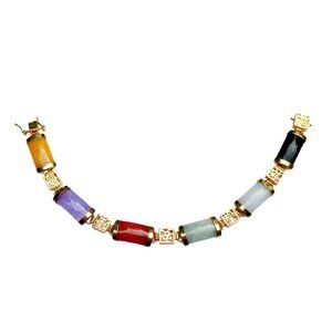 Vintage Multi Colored Jade Links Bracelet - 1990s Gold Plated w/Safety Clasp